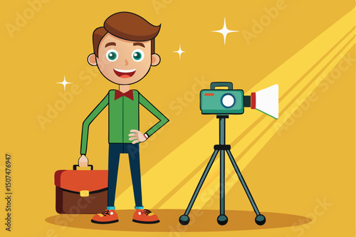 Happy man with briefcase in green shirt stands with a camera on a tripod for film-making purposes in a studio setting.
