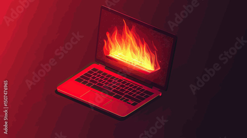 Laptop with screen on fire digital illustration, computer overheating concept, technology hazard, flat isometric style, red background gradient
