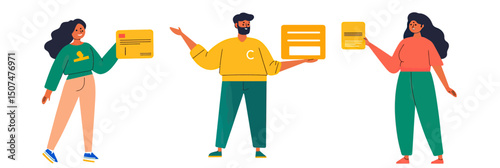 Three diverse people holding credit cards and bank documents symbolizing financial approval and trust in payment methods flat vector illustration