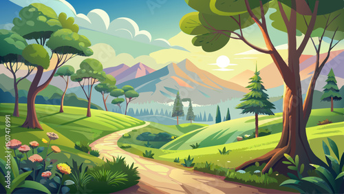 Serene natural landscape bathed in soft morning light reveals lush greenery and a gentle meandering pathway, creating a tranquil setting surrounded by majestic trees and distant rolling hills.