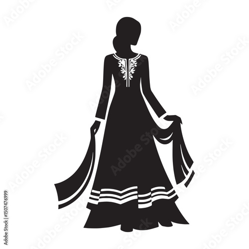Monochrome depiction of salwar kameez in vector silhouette – salwar kameez silhouette – salwar kameez vector – salwar kameez illustration – ladies dress silhouette – silhouette of salwar kameez

