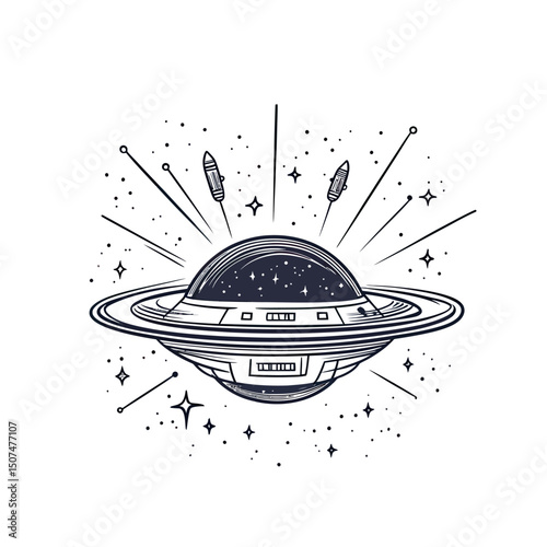 Futuristic UFO spaceship with glowing ring and starry outer space background in black and white line art style vector illustration for sci fi concept design