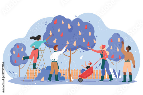 People gardeners working in garden vector illustration. Cartoon flat man woman worker characters gardening, harvesting and picking harvest pears from pear tree, seasonal garden work isolated on white