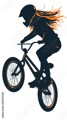 Silhouette of girl performing BMX bike stunt mid-air wearing helmet with flowing hair in minimalist flat vector style