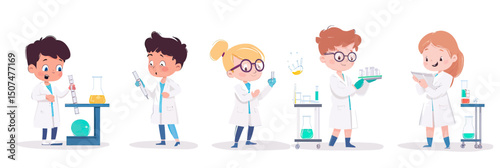 Cartoon children scientists conducting chemistry experiments with lab equipment in white coats holding test tubes flasks and beakers flat vector illustration