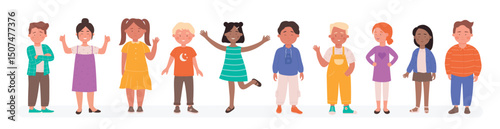 Happy diverse kids vector illustration. Cartoon flat child characters group of different race smiling, preschool or school small boy and girl standing together in line, children set isolated on white