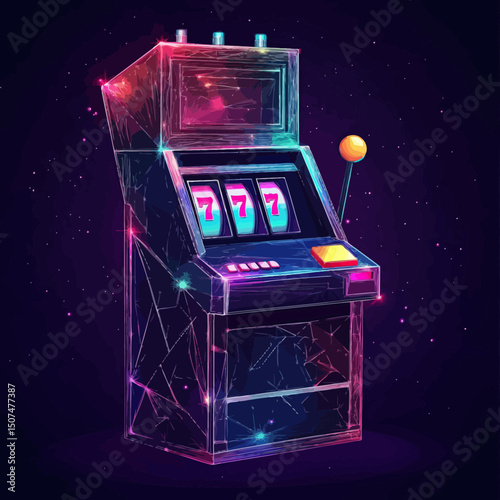 Polygonal neon slot machine with triple seven jackpot on dark starry background low poly vector illustration of jackpot win casino gambling luck and fortune concept