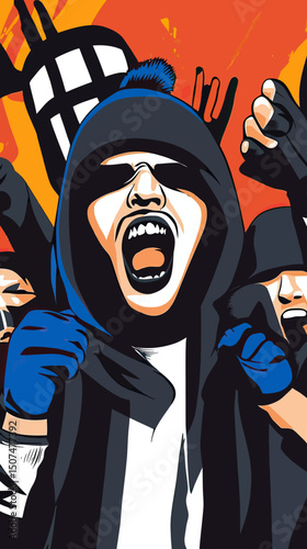 Vector illustration of aggressive football ultras chanting in crowd with expressive faces wearing hoodies gloves and winter hats in dynamic flat style on orange background