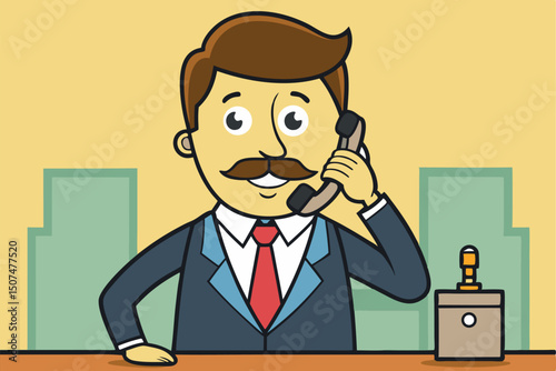 Professional cartoon businessman talking on telephone with a stylish red tie and office elements for versatile designs