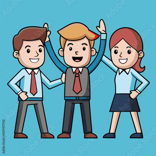 Team celebrating success with raised arms depicting collaborative efforts of professionals in business sector