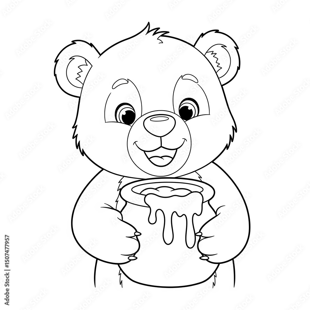 Obraz premium A kind bear cub with a honey pot, simple and warm, perfect for kids' coloring.