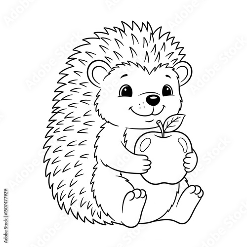 A smiling hedgehog with an apple, simple and cozy, perfect for kids' coloring.
