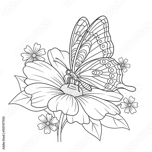 A gentle butterfly on a flower with patterned wings, simple for kids to color.