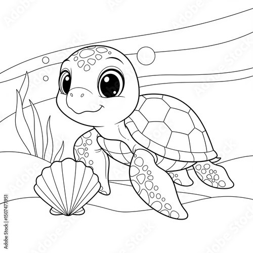 A calm sea turtle with a seashell, big eyes, simple and charming for kids to color.
