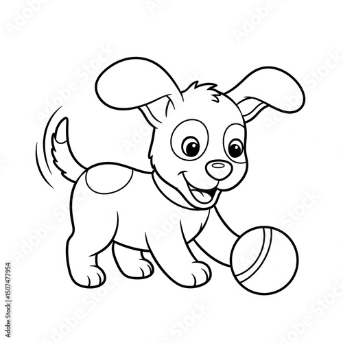 A joyful puppy with a ball and wagging tail, big ears, simple and fun for kids to color.