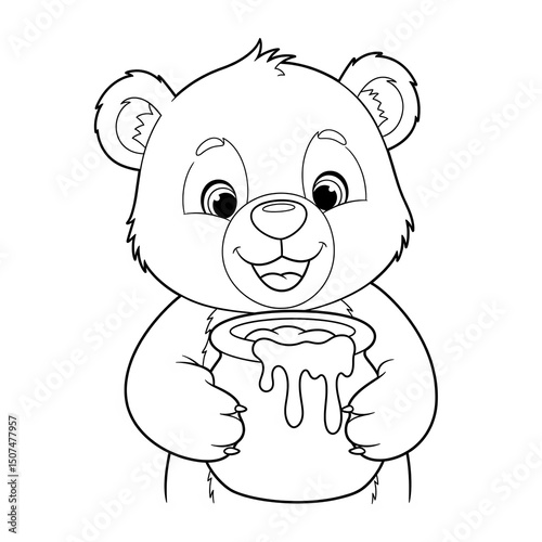 A kind bear cub with a honey pot, simple and warm, perfect for kids' coloring.