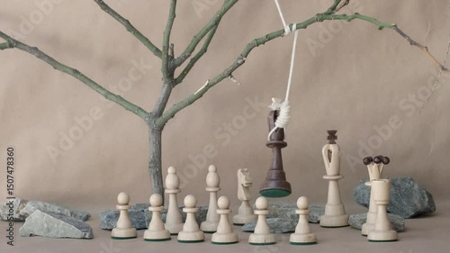 chess piece black king hanging on noose among white chess pieces on beige background