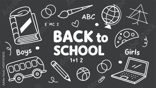 A chalkboard-style illustration with "BACK TO SCHOOL" text in the center, surrounded by doodles of a laptop, globe, basketball, pencil, beaker, book, bus, and other school-related items, with "Boys" 