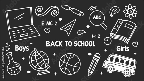 A digital illustration styled as a chalkboard, featuring white outlines of various school-related items such as a book, a bus, a globe, a paint brush, a beaker, math equations, and other symbols.