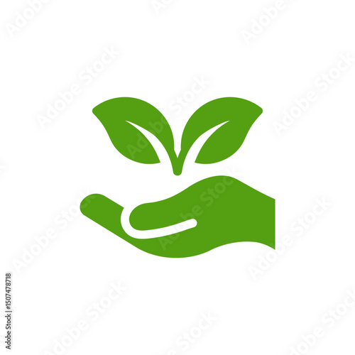 This icon features a hand cradling vibrant green leaves, symbolizing our collective care for nature and commitment to ecological sustainability and the wellbeing of all living things on Earth