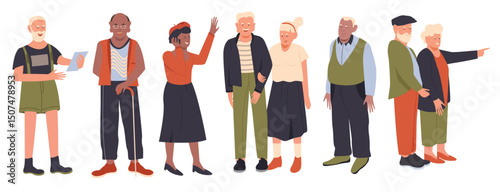 Senior people vector illustration flat set. Cartoon active old character collection of man woman retired happy persons, senior couple grandparents, smiling elderly lady and gentleman isolated on white