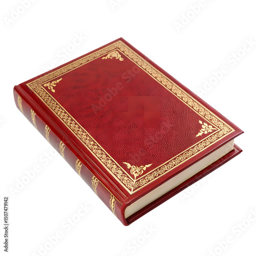 Red leather book with gold design isolated on transparent background