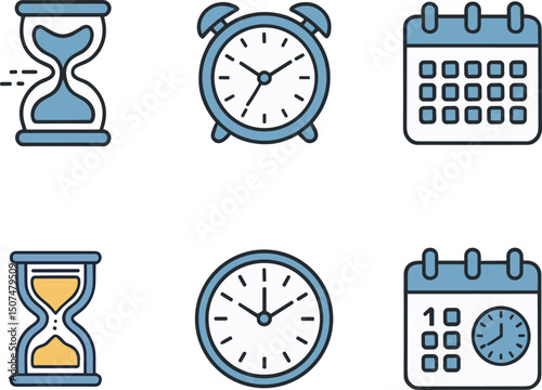 Time management icons set hourglass clock calendar schedule