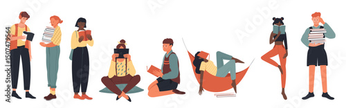 Student people, book lovers vector illustration set. Cartoon flat girl guy reader characters love to read books in different poses, learning from textbooks, lying standing or sitting isolated on white