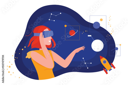 People in virtual reality vector illustration. Cartoon flat woman character in vr glasses headset looking at dream universe space with planet, star, spaceship. Imagination, augmented reality concept
