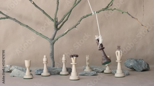 chess piece black king hanging on noose among white chess pieces on beige background