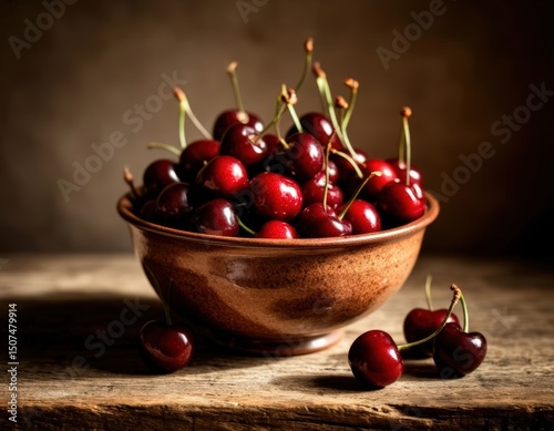 Ripe cherries in a ceramic bowl styled with vintage tones. photo