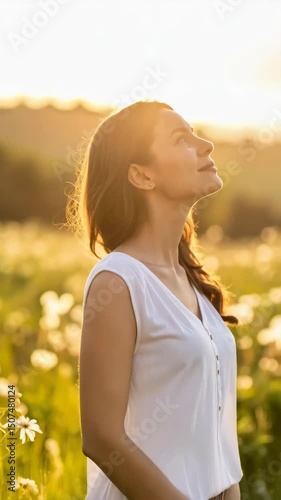 Woman gazing upwards in a sunlit field, wearing a casual white shirt, enjoying nature, with a soft, golden ambiance.