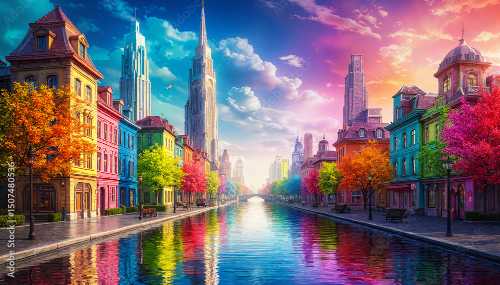 Fototapeta premium Colorful cityscape with vibrant buildings and reflection in water 