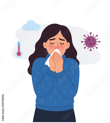 young woman blowing her nose flat vector illustration. Infection vector illustration