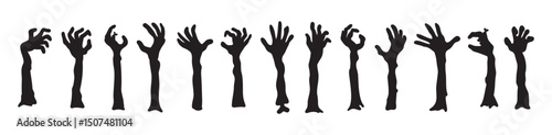 Zombie hands silhouettes. Halloween decor. Set doodle zombie hand