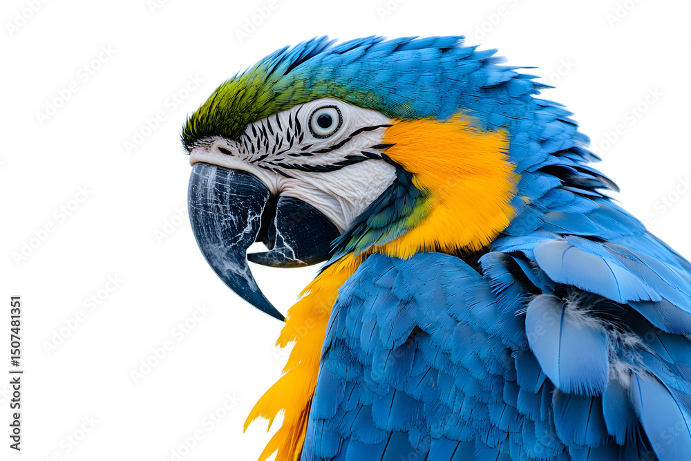 Fototapeta premium A vibrant blue macaw with bright yellow feathers, perched gracefully against a clean white background