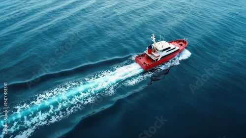 Wallpaper Mural Aerial view of a red fishing boat cutting through the waves of the sea. Torontodigital.ca