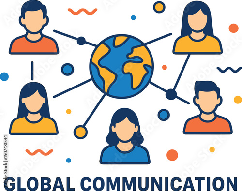 A white banner for global communication features a colorful network