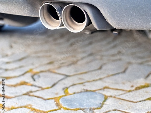 Exhaust pipes of a car parked on cobblestone street