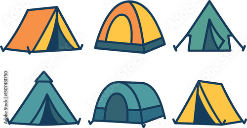 Vector icons of camping tents are isolated on a white background