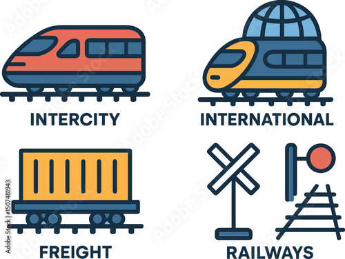 Icon set for trains and railways featuring intercity, international, and freight trains in linear form with editable stroke lines