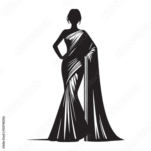 Smooth saree outline depicted in minimalist silhouette vector – saree silhouette – saree vector – saree illustration – ladies dress silhouette – silhouette of saree

