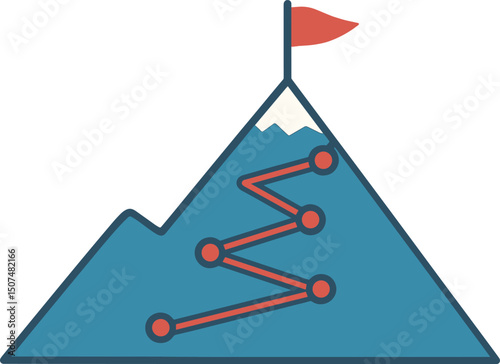 Mountain progression path, climbing progress route, and overcoming the mountain peak, as depicted in a vector illustration of a mountain climbing path with a red flag at the top