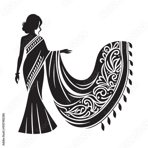 Stylized saree vector featuring iconic silhouette design – saree silhouette – saree vector – saree illustration – ladies dress silhouette – silhouette of saree

