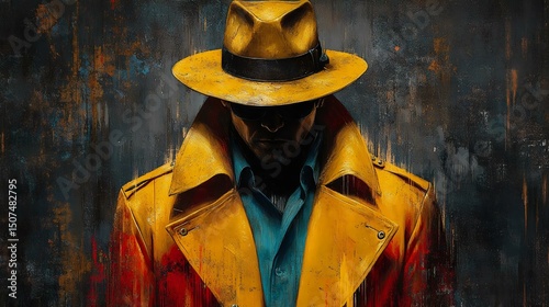 A mysterious figure in a bright yellow trench coat and hat, exuding an aura of intrigue and suspense against a textured dark background.