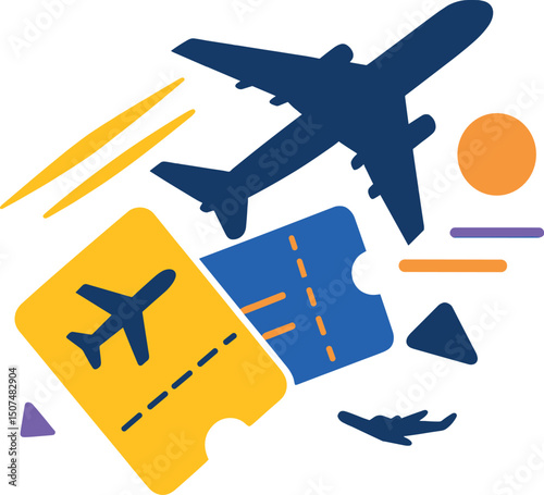 Airplane travel involves flying and taking off with tickets and a silhouette element