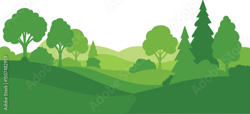 Panoramic vector landscape featuring green tree and hill silhouettes