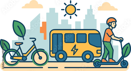 Vector illustration of a new mobility icon concept featuring ecological public transport alternatives set against an urban city backdrop
