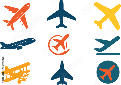 A collection of airplane icons and symbols in vector format is available, including illustrations and logos of planes