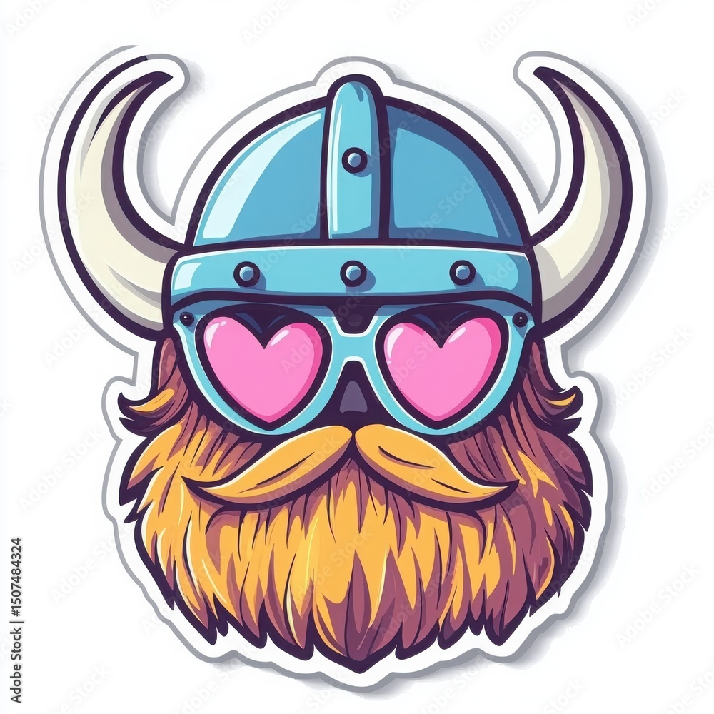 Naklejka premium Viking Cartoon Character Illustration: Quirky, Colorful, and Playful Fantasy Mascot with Beard and Heart Glasses